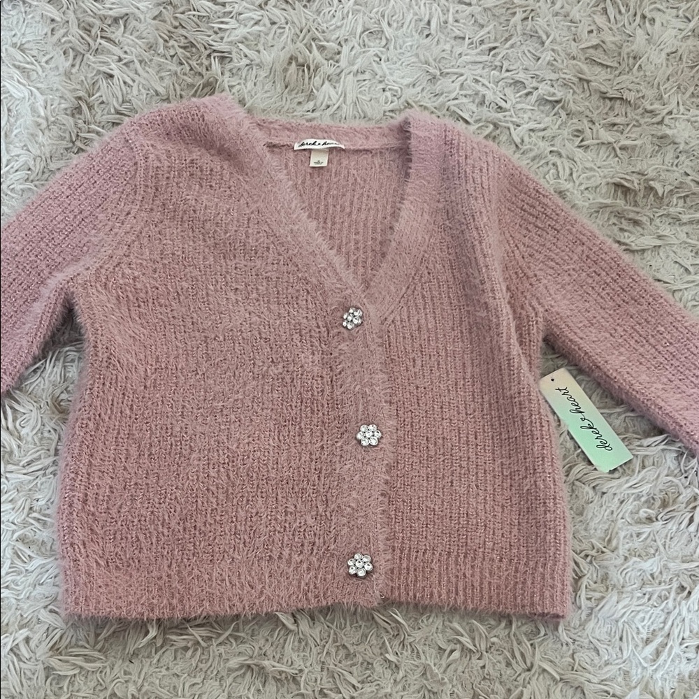 Derek Heart Dusty Pink Fuzzy V-Neck Cardigan with Rhinestone Flower Buttons